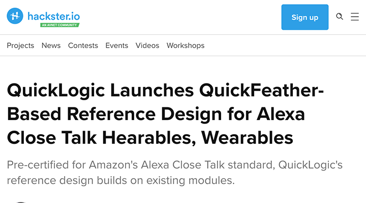 Hackster.io - QuickLogic Launches QuickFeather-Based Reference Design for Alexa Close Talk Hearables, Wearables