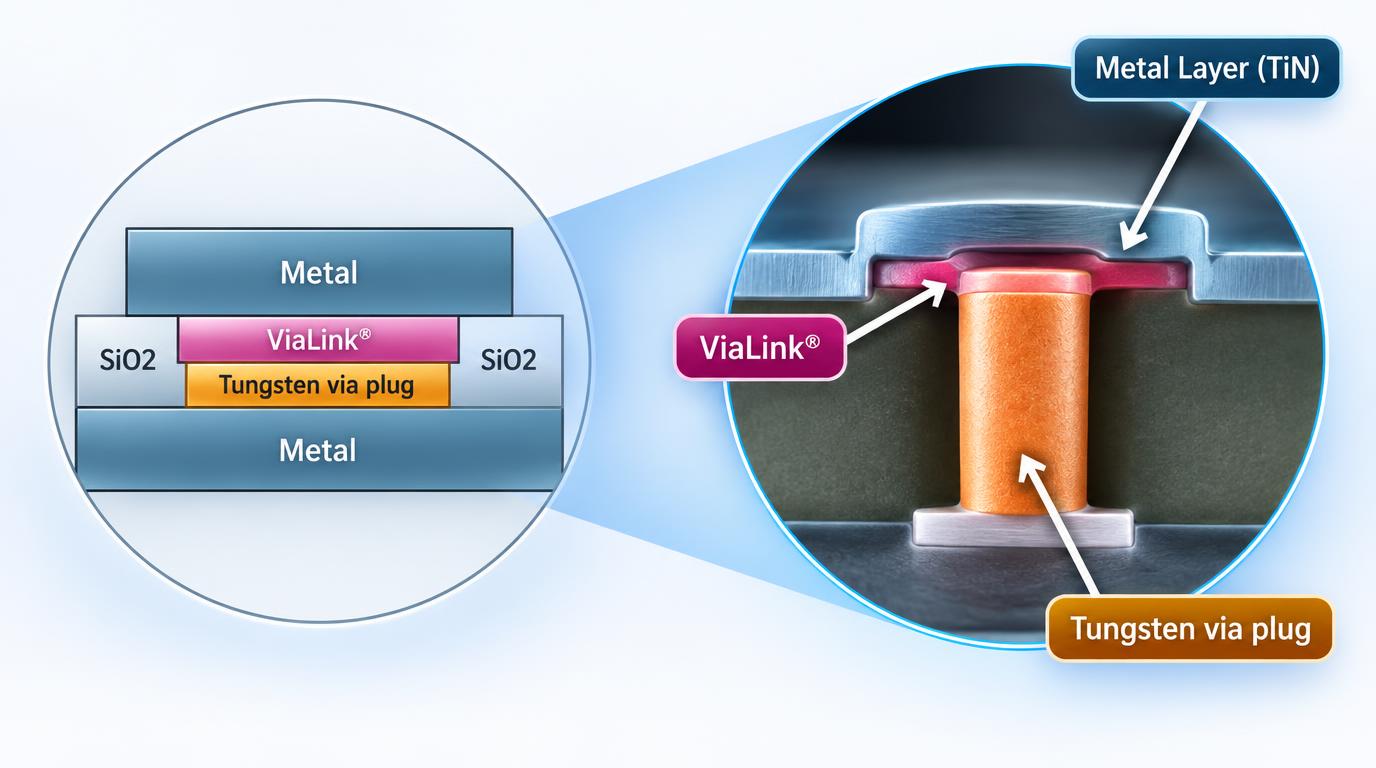 ViaLink antifuse cross-section diagram showing metal layers, ViaLink element, SiO2 insulation, and tungsten via plug between metal interconnects.